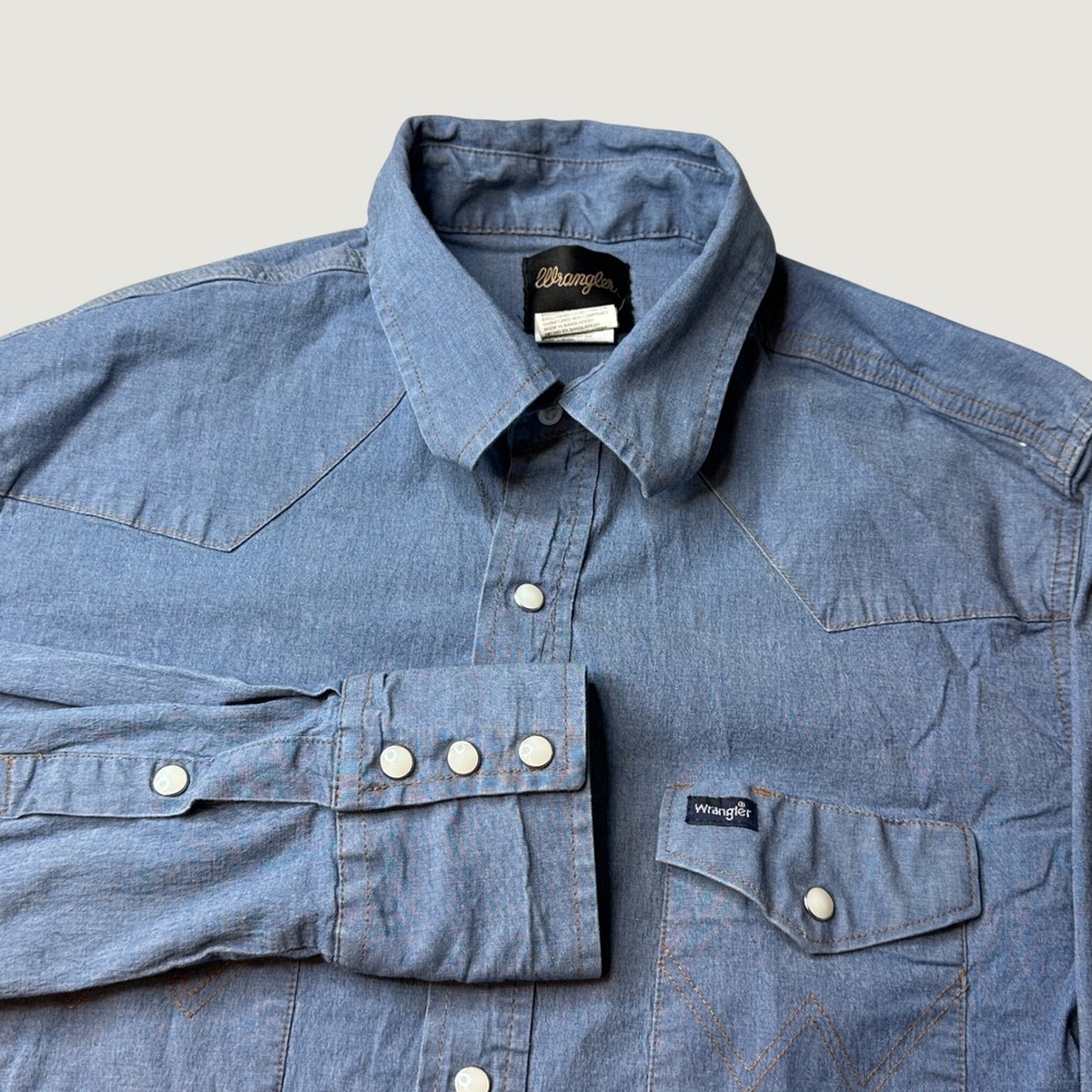 Wrangler Shirt Mens L MSM07CH Blue Western Pearl Snap Long Sleeve Denim Workwear